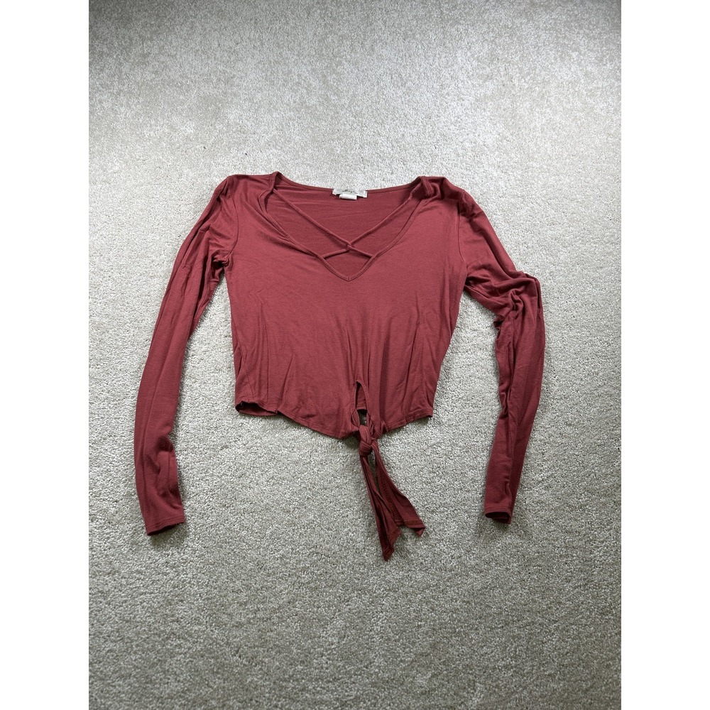 Gaze Shirt Womens‎ Small Red Long Sleeve Tie Front Criss Cross Neck Casual Top